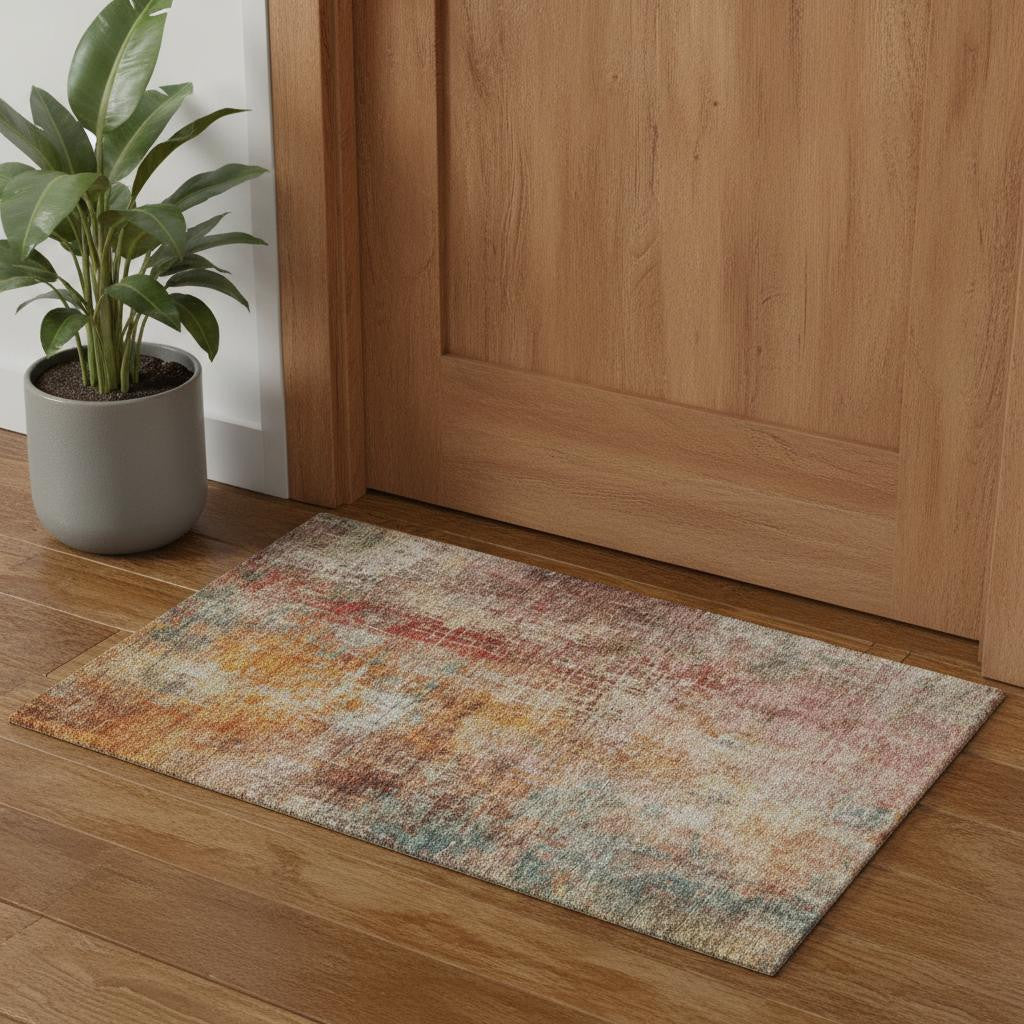 3' X 5' Tan Beige And Red Abstract Washable Area Rug With UV Protection Homeroots Home Decor