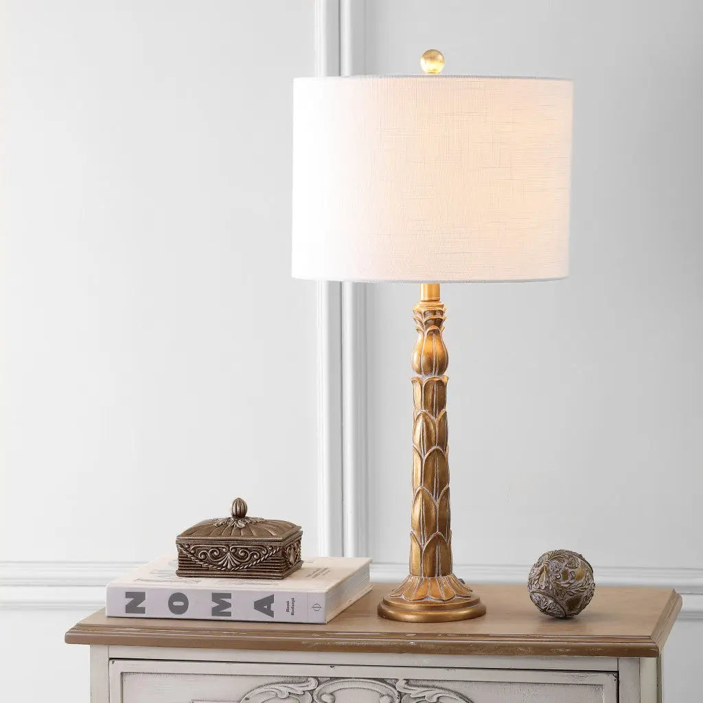 29" Antiqued Gold Table Lamp With Drum Shade Homeroots Lighting