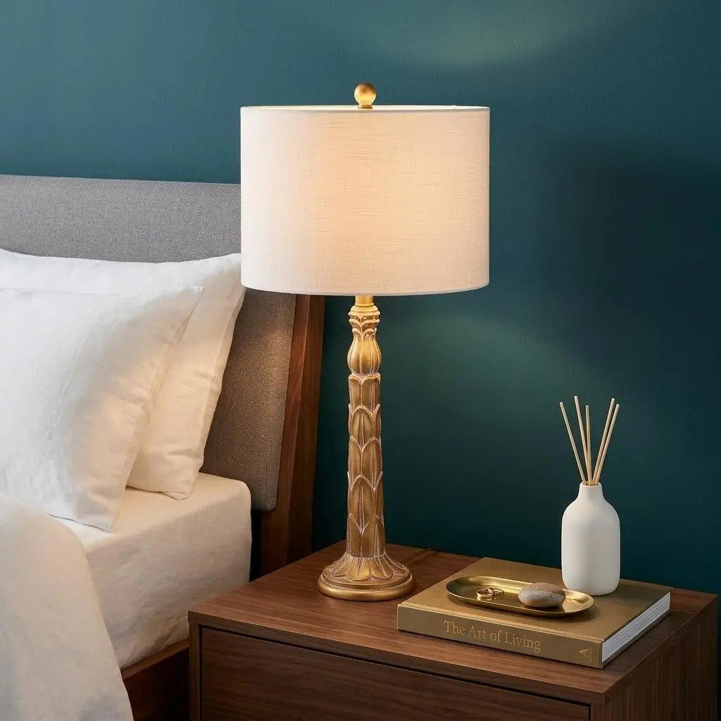 29" Antiqued Gold Table Lamp With Drum Shade Homeroots Lighting