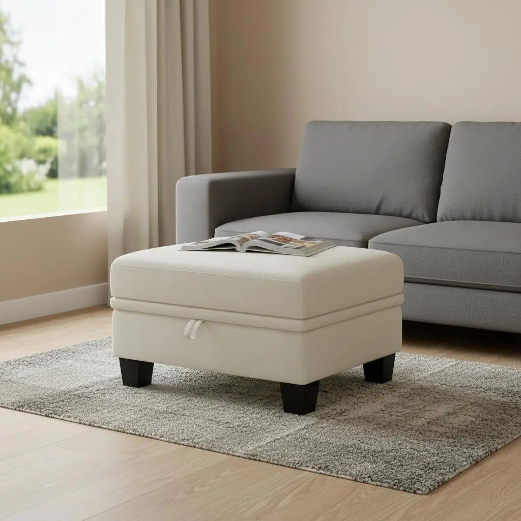 29" Beige and Black Chenille Storage Ottoman Homeroots Living Room