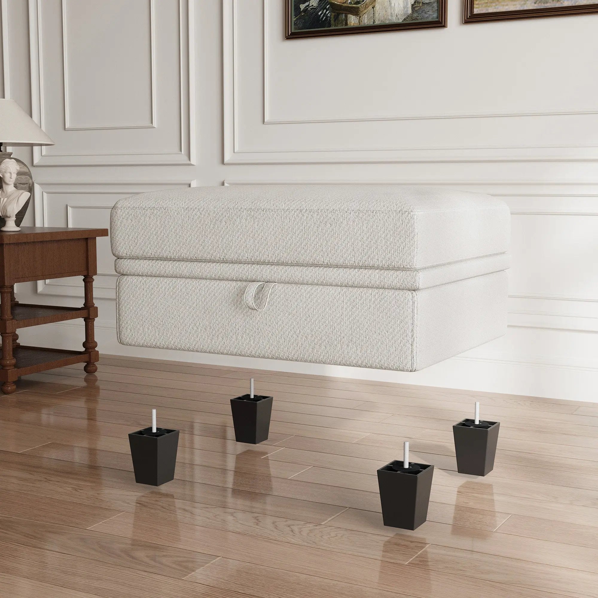 29" Beige and Black Chenille Storage Ottoman Homeroots Living Room