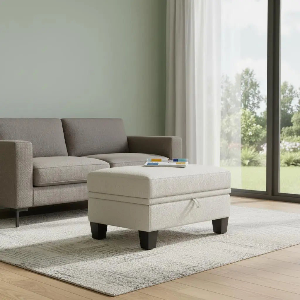 29" Beige and Black Chenille Storage Ottoman Homeroots Living Room