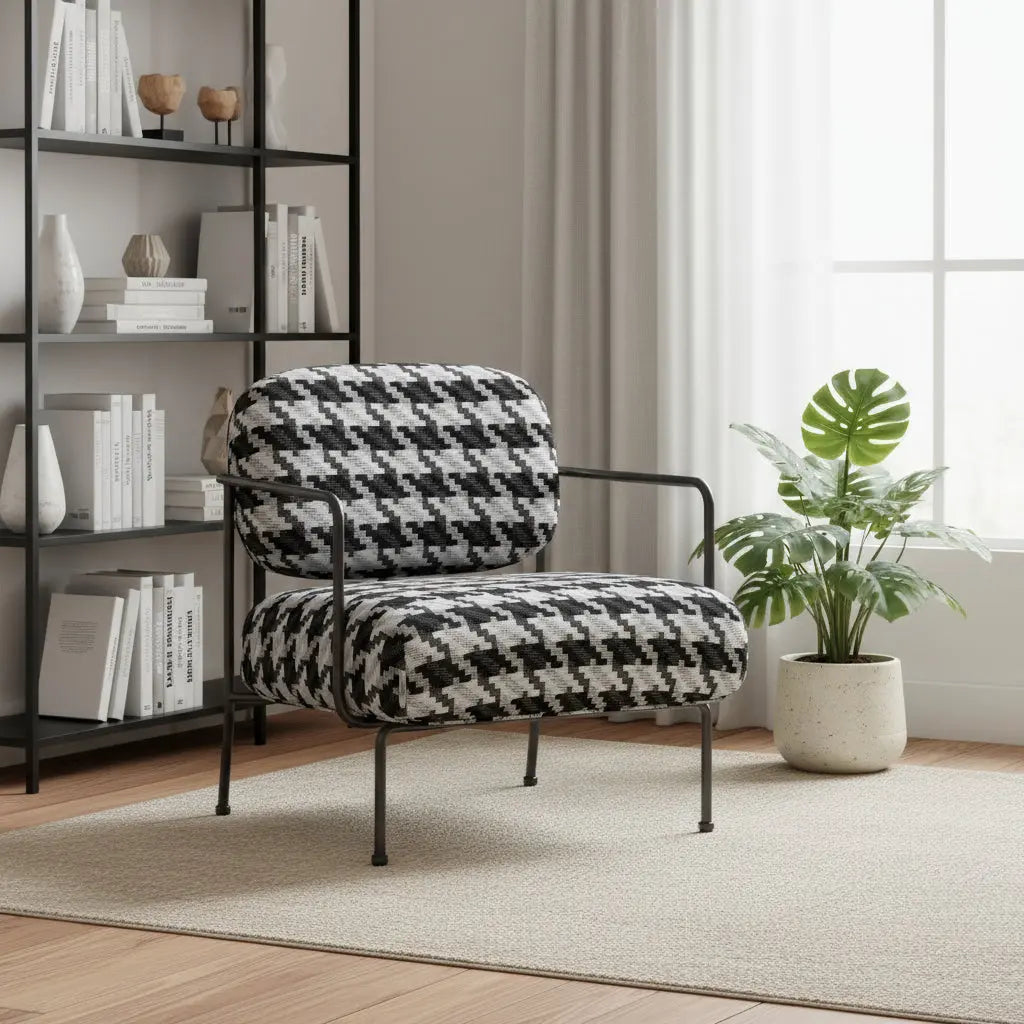 29" Black And White And Black Upholstered Houndstooth Arm Chair Homeroots Living Room