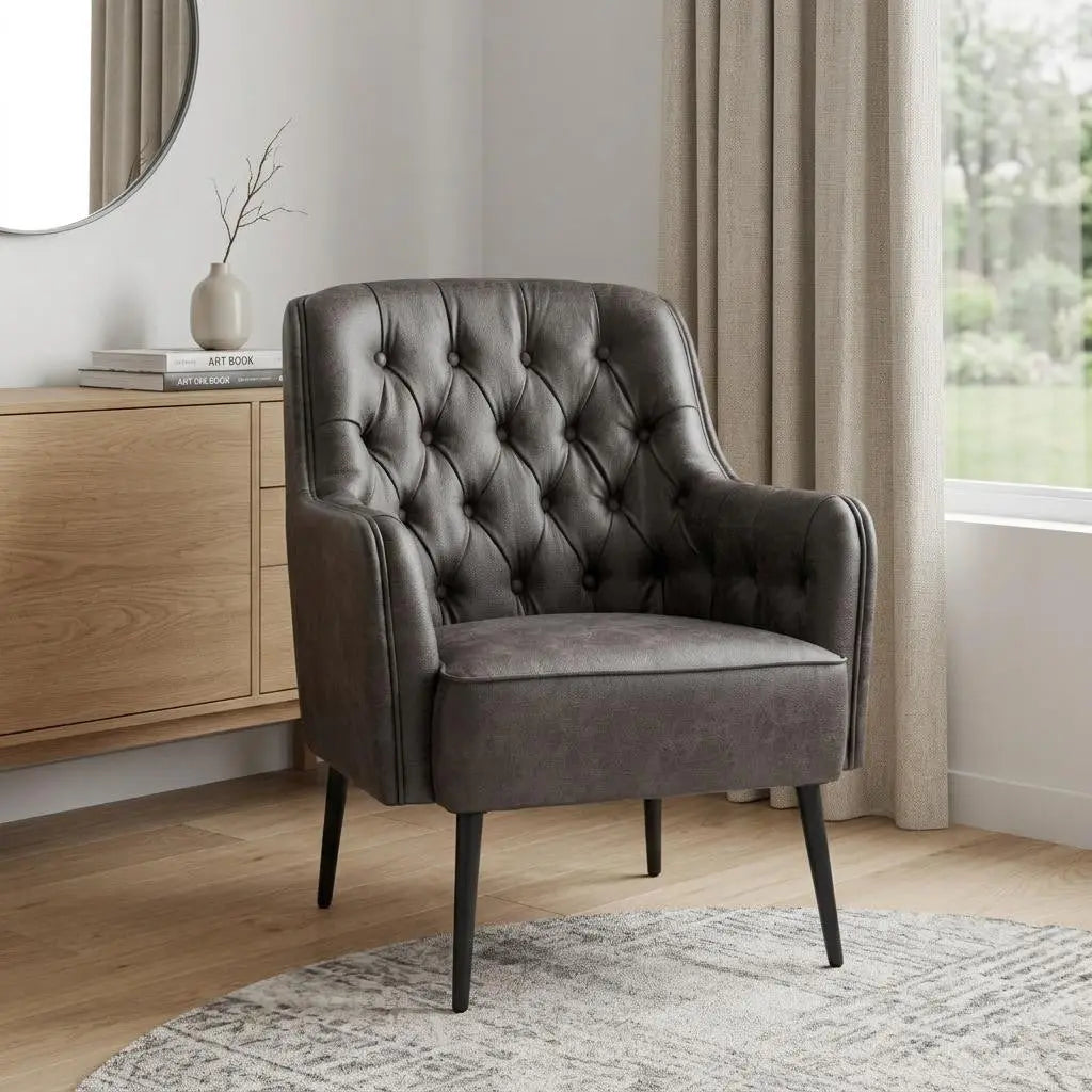 29" Black Faux Leather And Upholstered Tufted Chesterfield Chair Homeroots Living Room