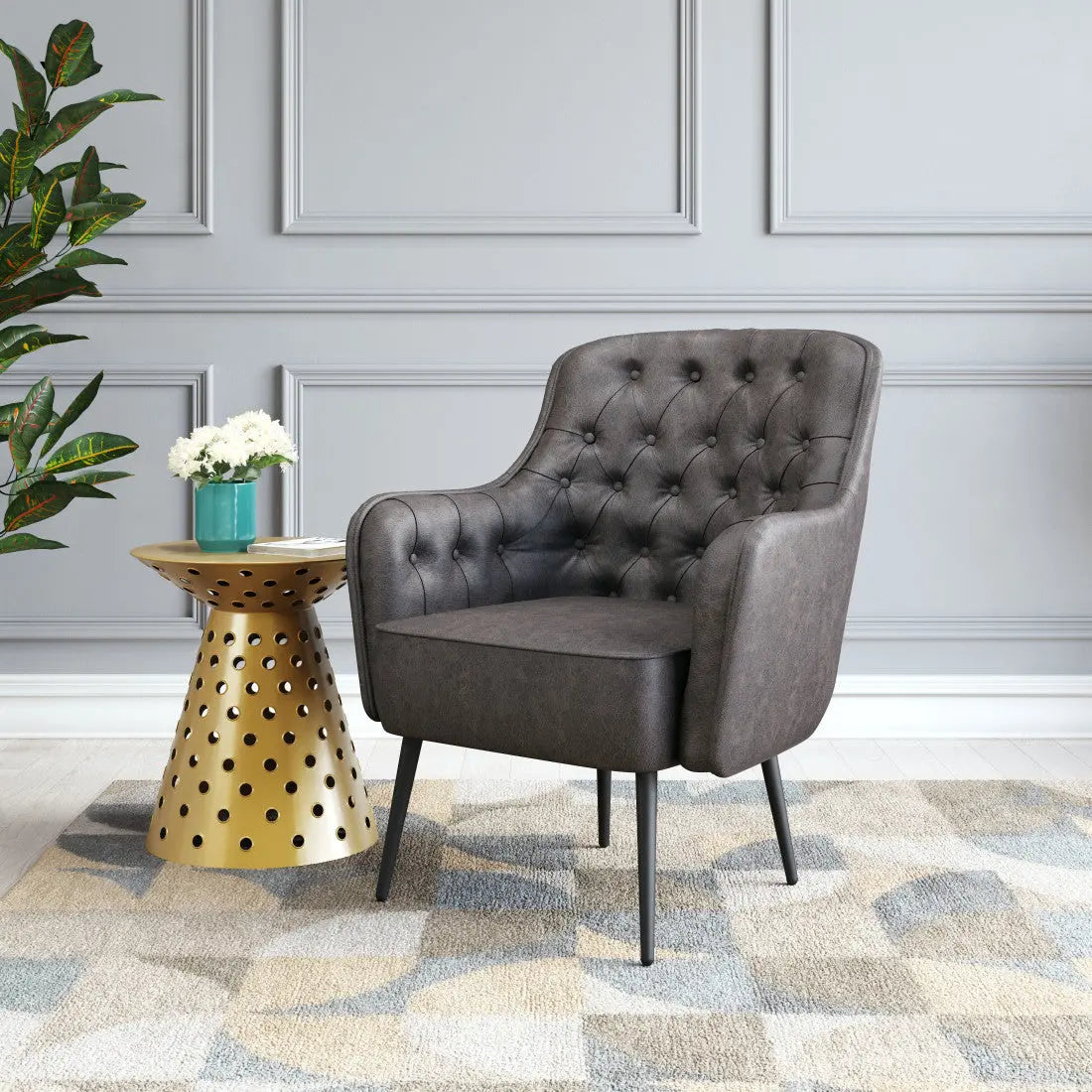 29" Black Faux Leather And Upholstered Tufted Chesterfield Chair Homeroots Living Room