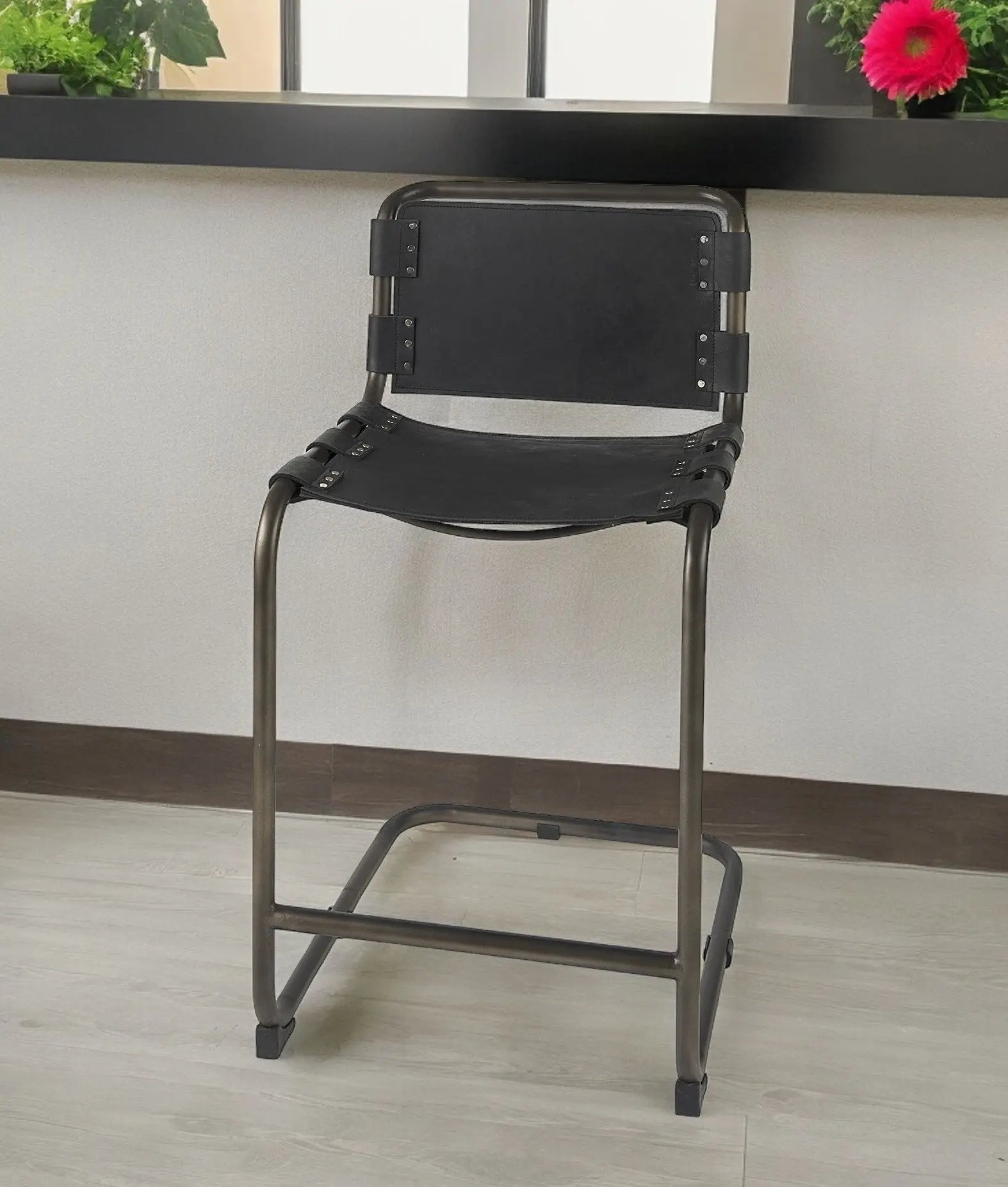 29" Black Leather And Iron Bar Chair Homeroots Living Room
