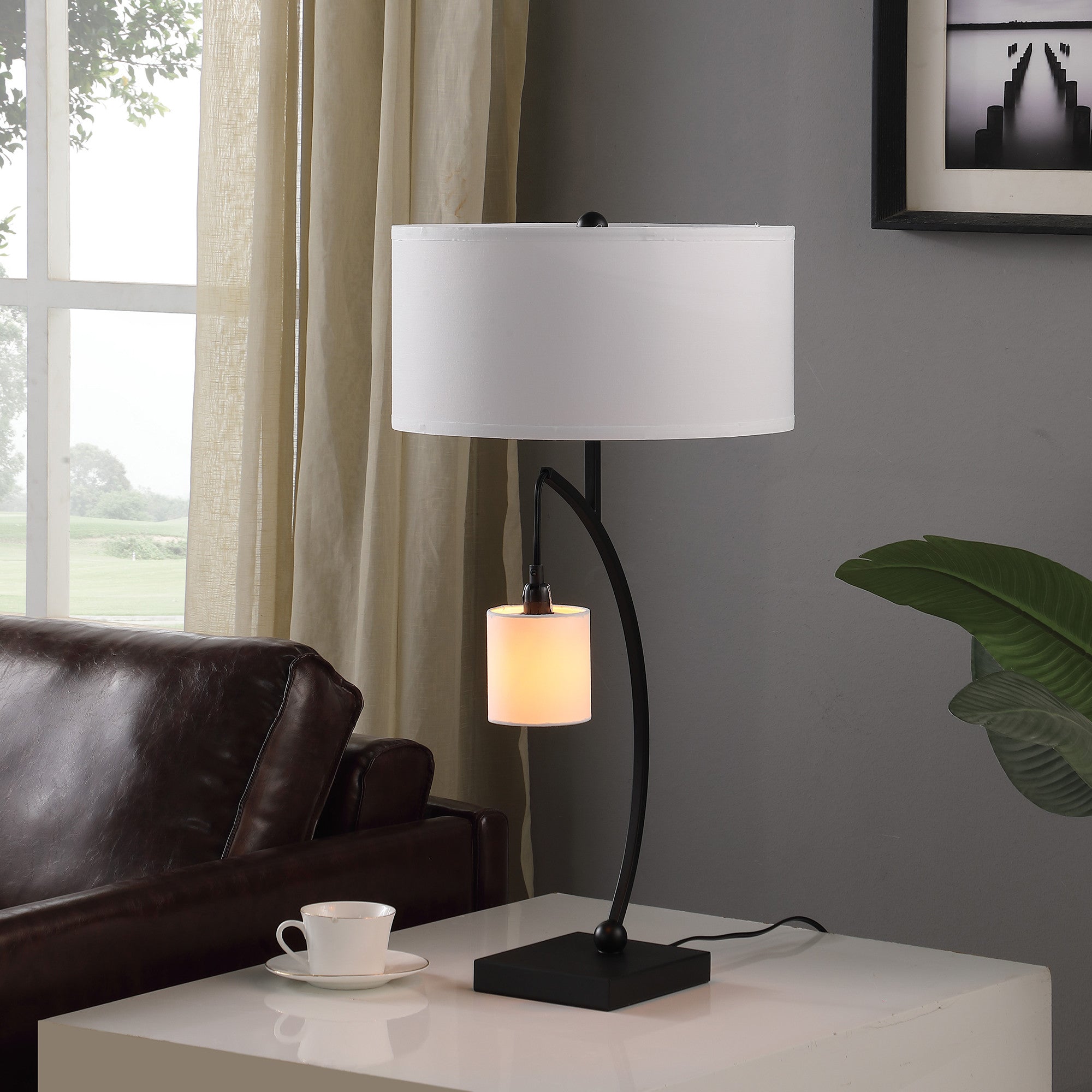 29" Black Metal Two Light Arched Table Lamp With White Drum Shade - GreatEagleInc