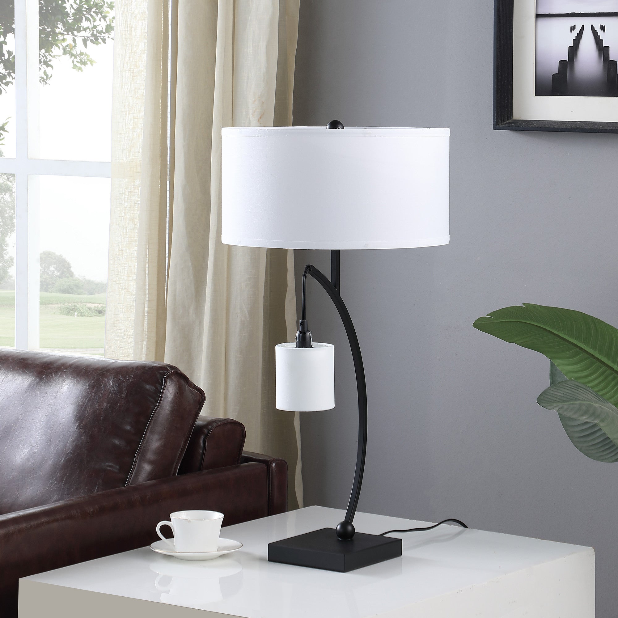 29" Black Metal Two Light Arched Table Lamp With White Drum Shade - GreatEagleInc