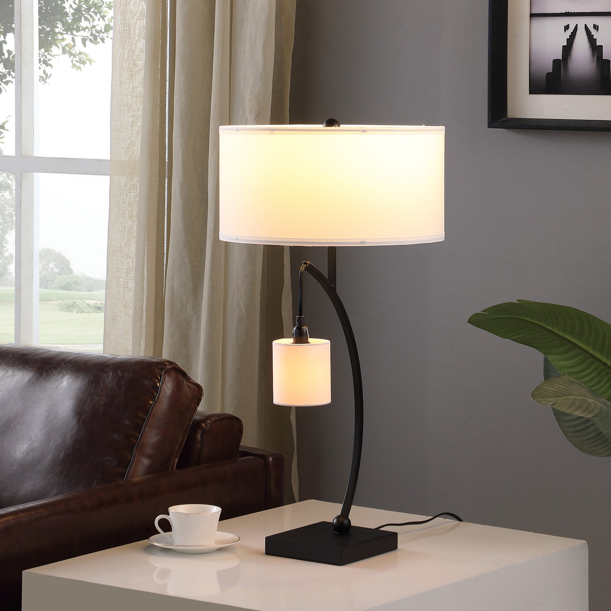 29" Black Metal Two Light Arched Table Lamp With White Drum Shade - GreatEagleInc