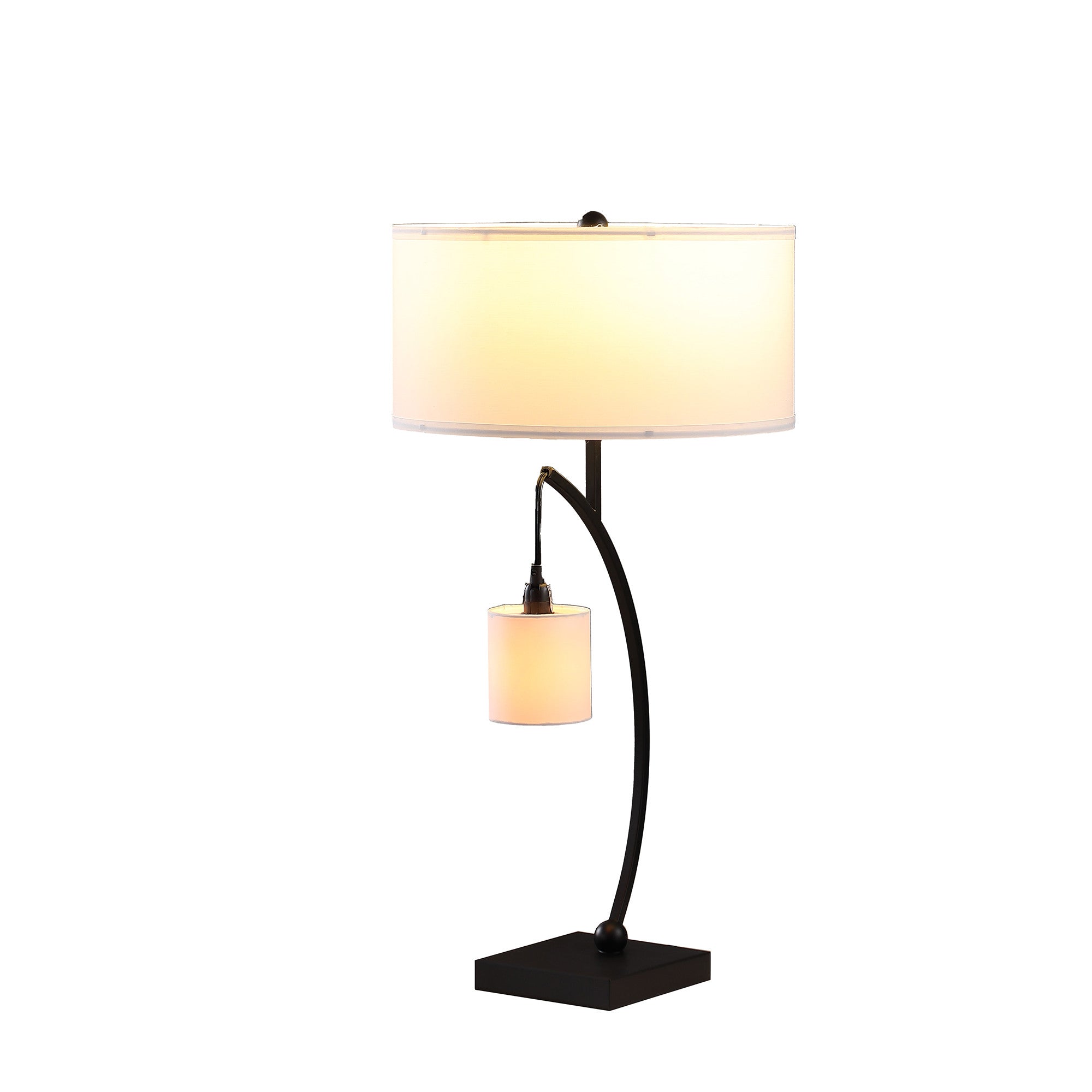 29" Black Metal Two Light Arched Table Lamp With White Drum Shade - GreatEagleInc