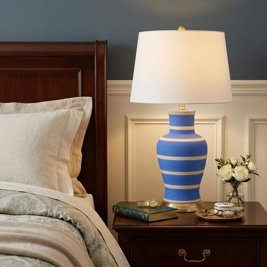 29" Blue Gold And Beige Urn Bedside Lamp With Empire Shade Homeroots Lighting