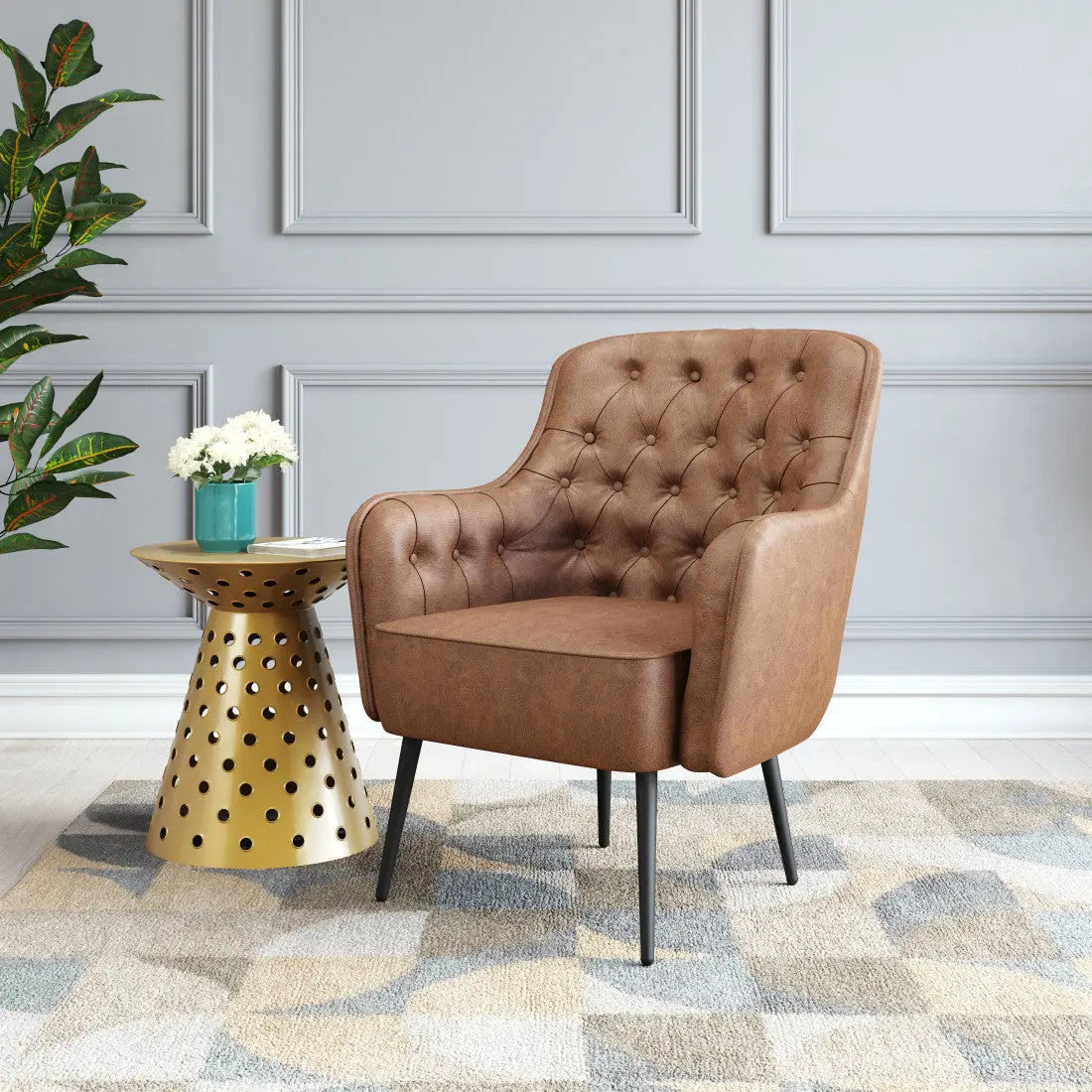 29" Brown And Black Faux Leather And Upholstered Tufted Chesterfield Chair Homeroots Living Room