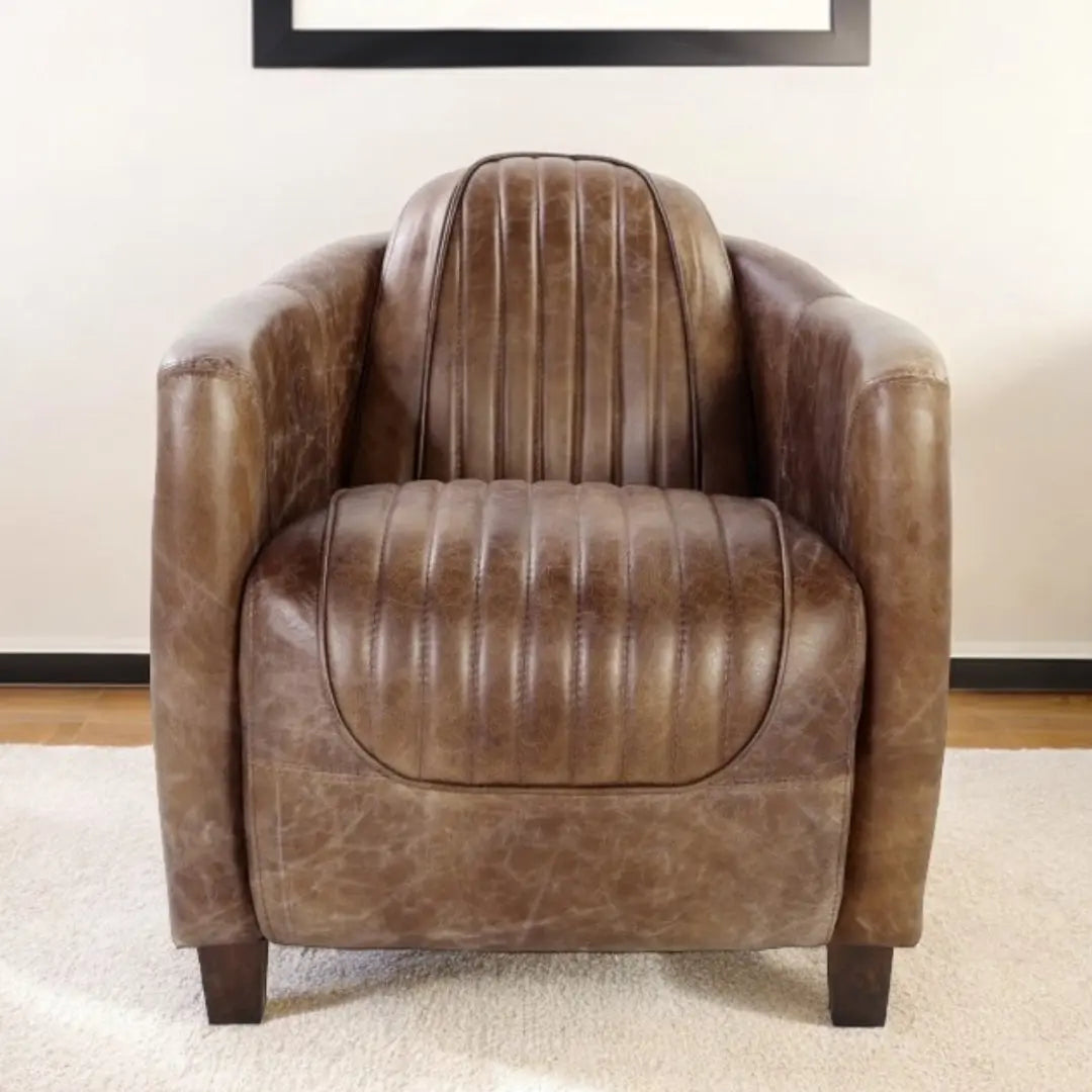 29" Brown Faux Leather Distressed Barrel Chair Homeroots Living Room