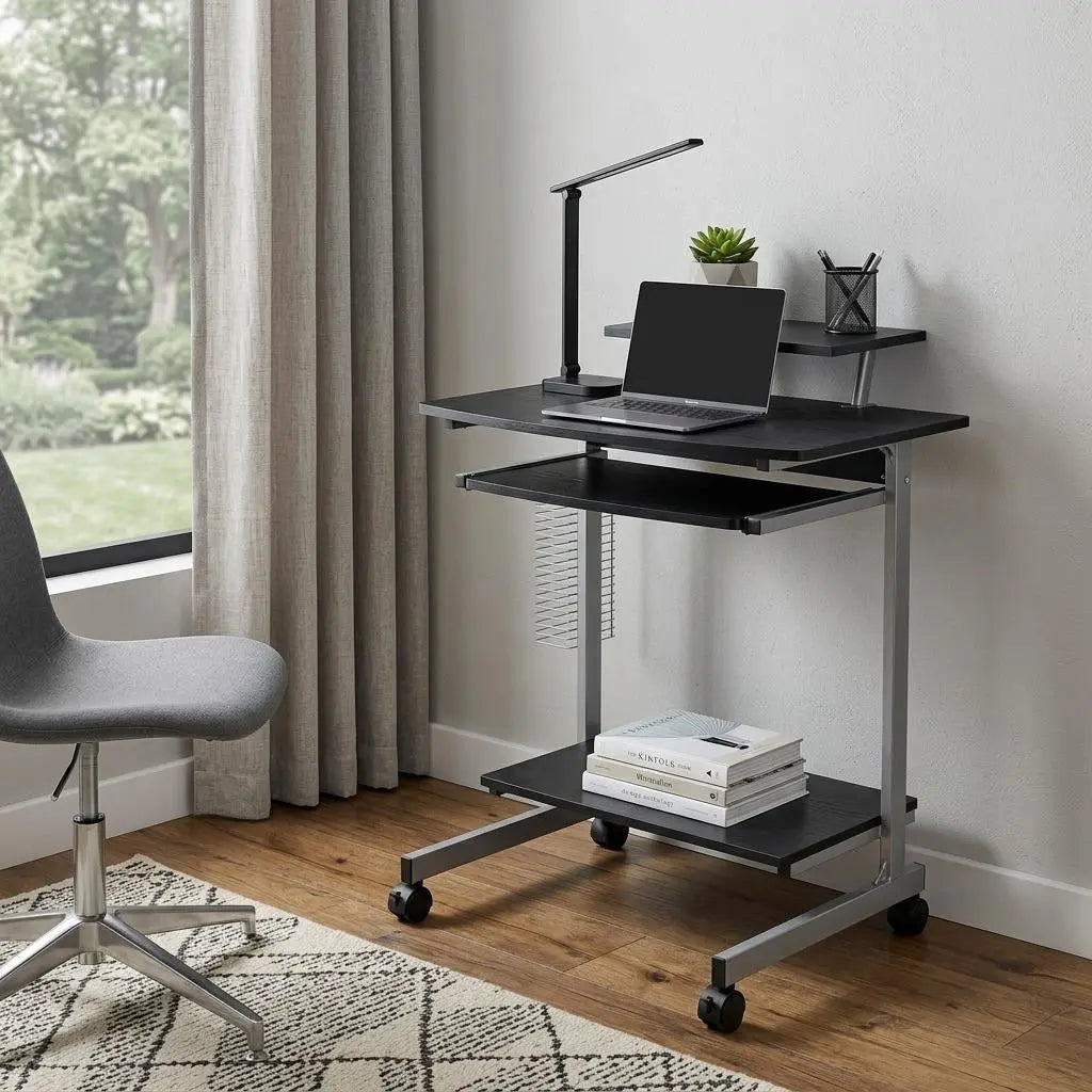 29" Espresso and Silver Wood and Stainless Steel Rolling H-Shape Computer Desk Homeroots Office