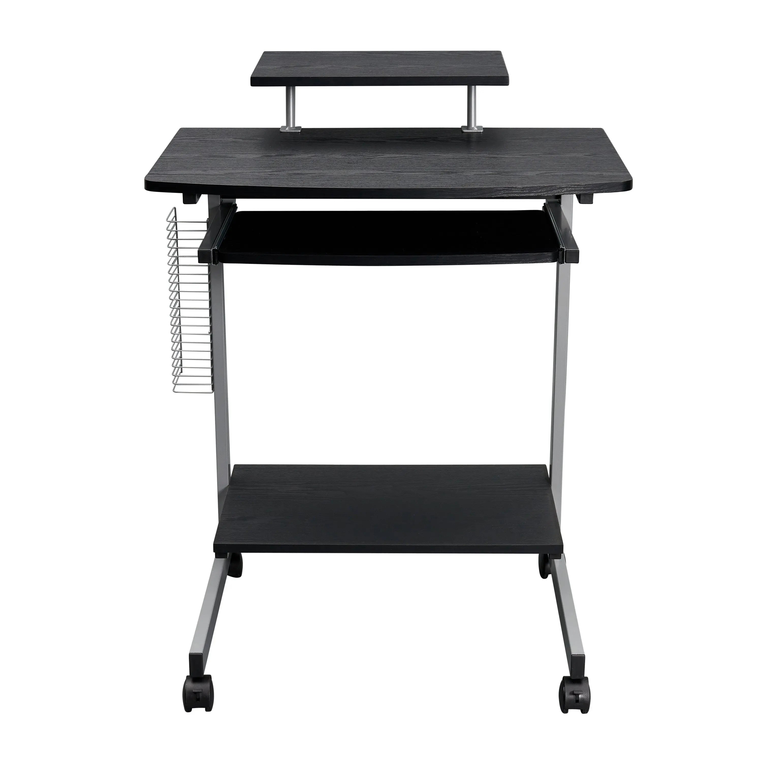 29" Espresso and Silver Wood and Stainless Steel Rolling H-Shape Computer Desk Homeroots Office