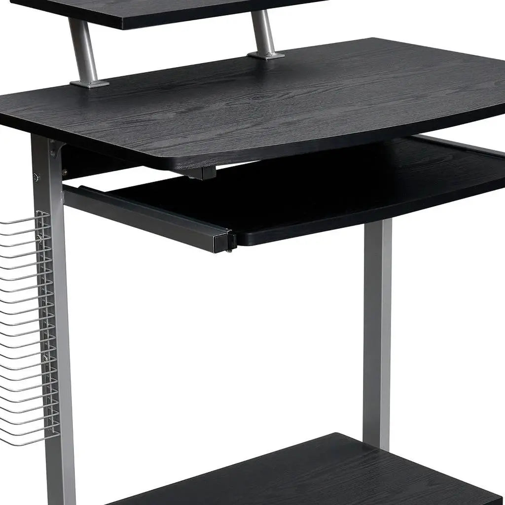 29" Espresso and Silver Wood and Stainless Steel Rolling H-Shape Computer Desk Homeroots Office