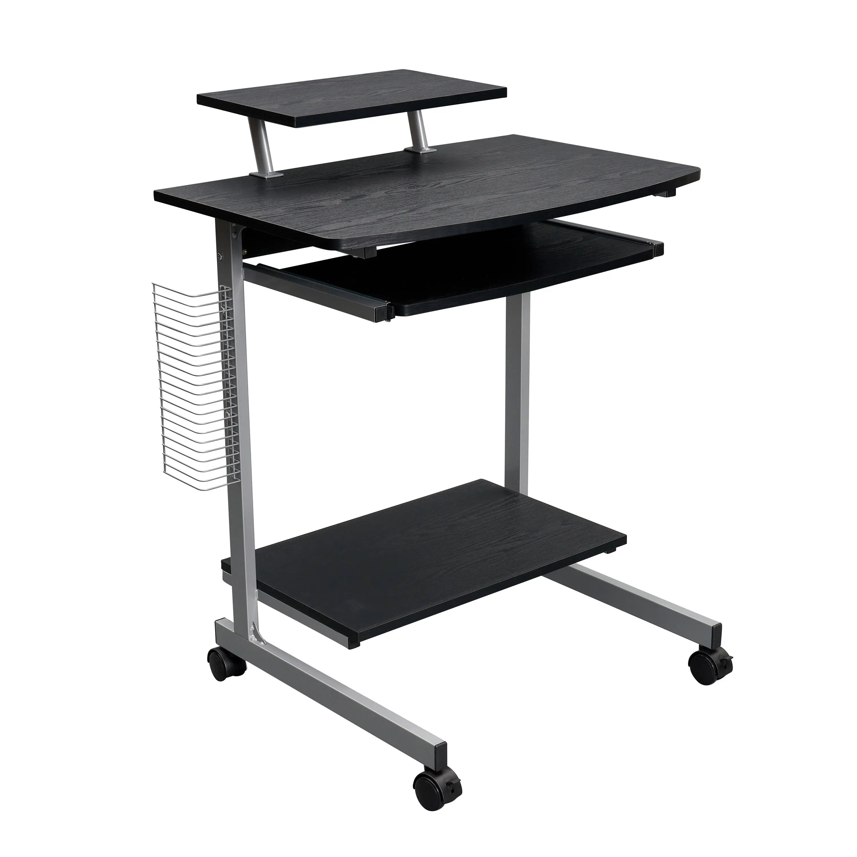 29" Espresso and Silver Wood and Stainless Steel Rolling H-Shape Computer Desk Homeroots Office