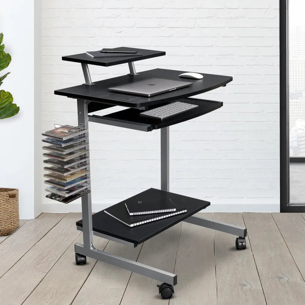 29" Espresso and Silver Wood and Stainless Steel Rolling H-Shape Computer Desk Homeroots Office