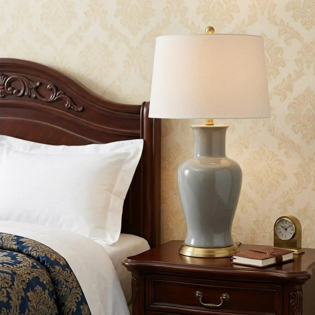29" Gray And Gold Urn Bedside Lamp With Drum Shade Homeroots Lighting