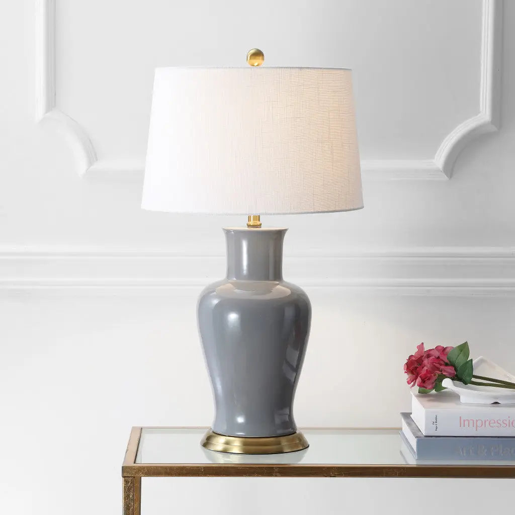 29" Gray And Gold Urn Bedside Lamp With Drum Shade Homeroots Lighting