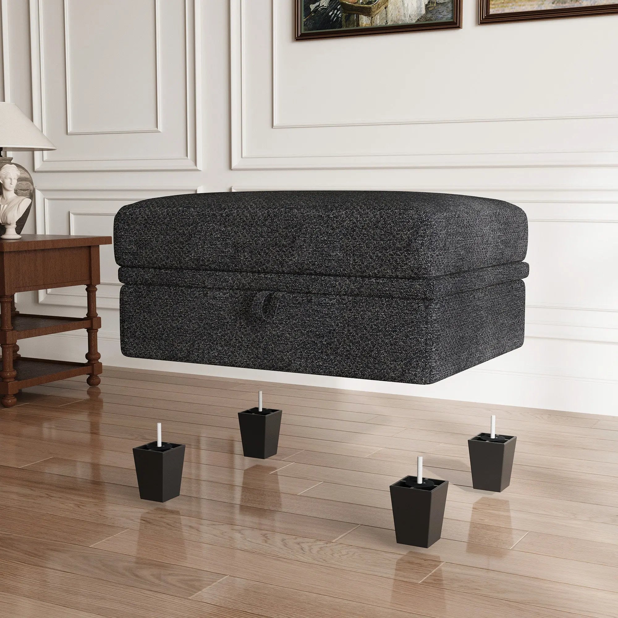 29" Gray and Black Chenille Storage Ottoman Homeroots Living Room