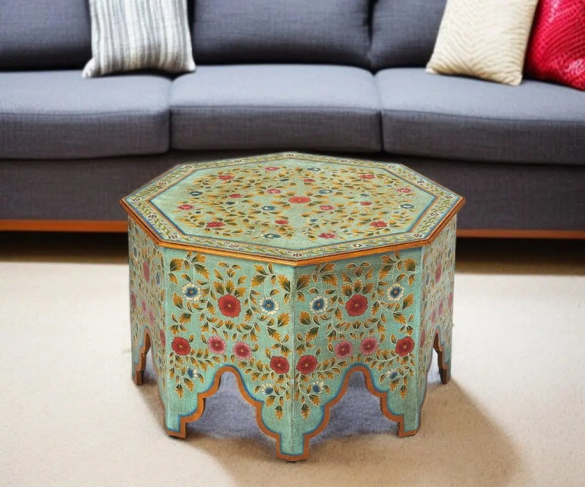 29" Green Wood Hexagon Abstract Floral Coffee Table Homeroots Living Room