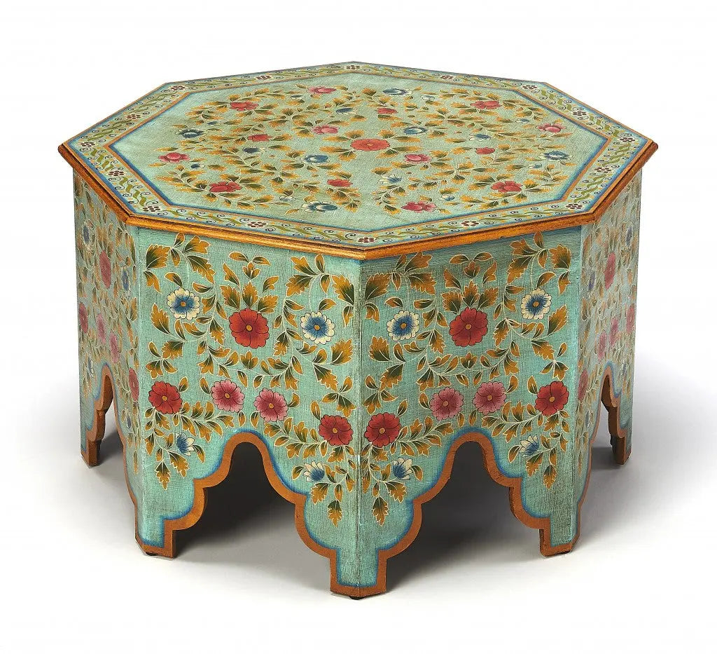 29" Green Wood Hexagon Abstract Floral Coffee Table Homeroots Living Room