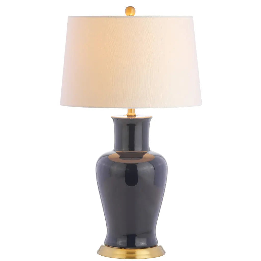 29" Navy Blue And Gold Urn Bedside Lamp With Drum Shade Homeroots Lighting