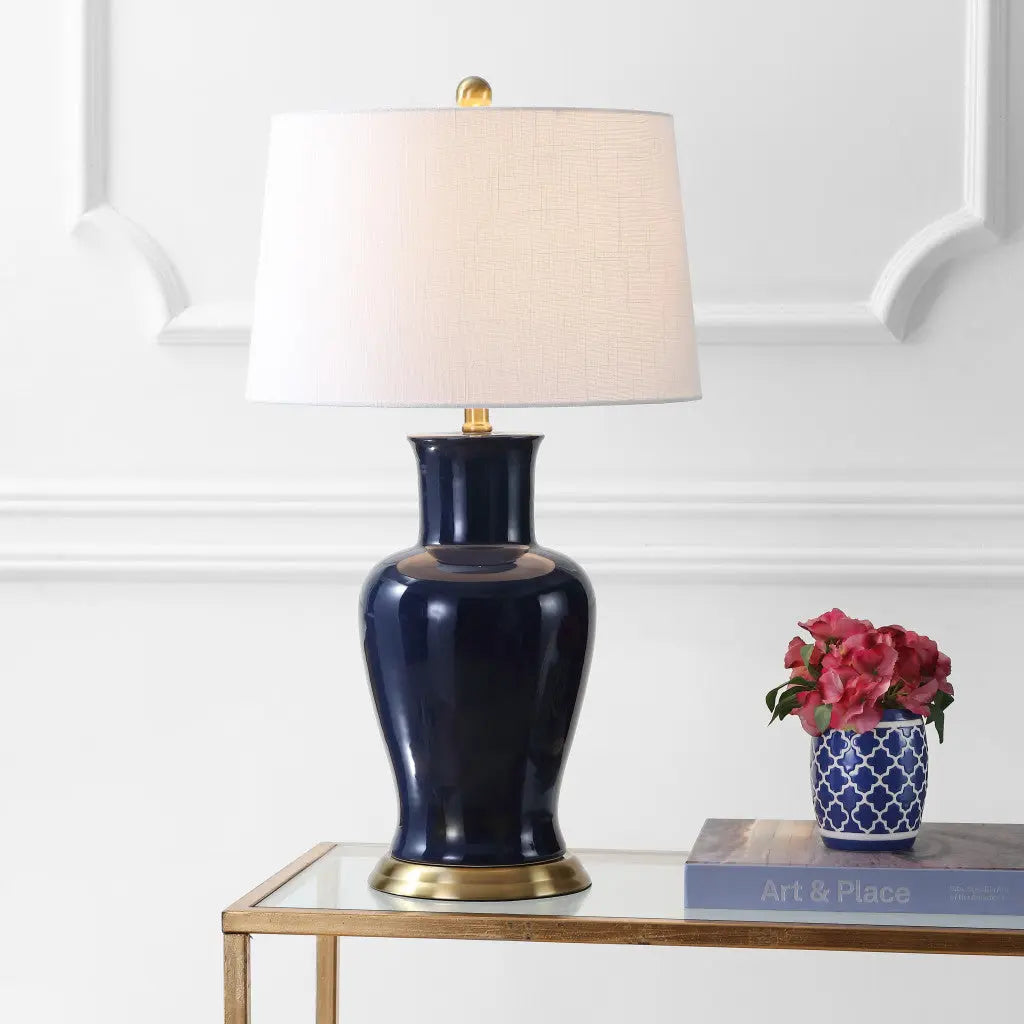 29" Navy Blue And Gold Urn Bedside Lamp With Drum Shade Homeroots Lighting