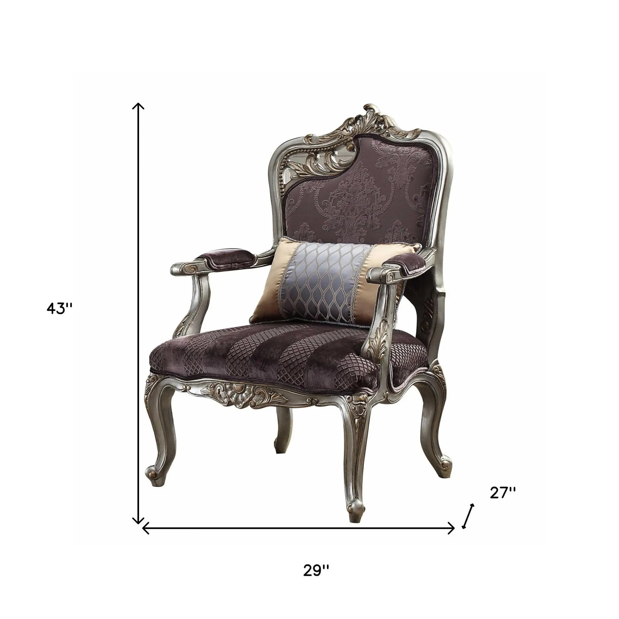 29" Purple and Platinum Velvet Floral Arm Chair And Toss Pillow - GreatEagleInc