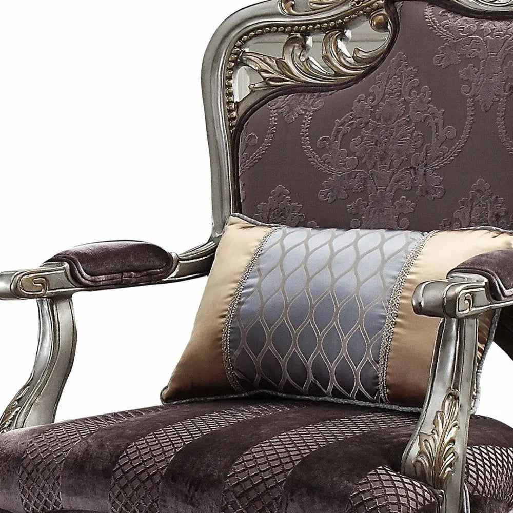 29" Purple and Platinum Velvet Floral Arm Chair And Toss Pillow - GreatEagleInc