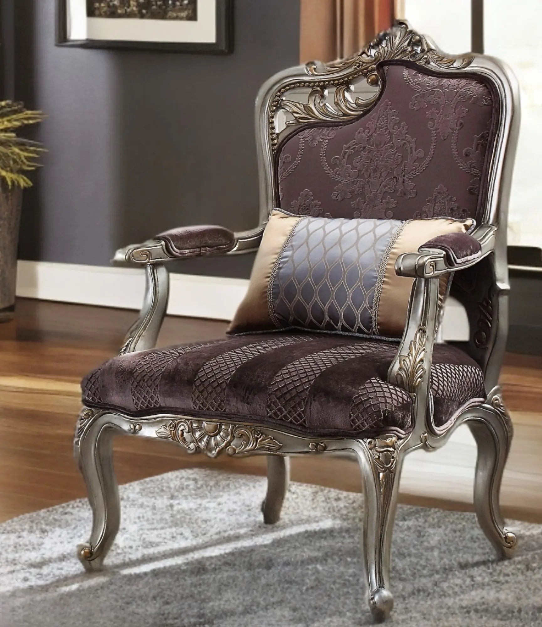 29" Purple and Platinum Velvet Floral Arm Chair And Toss Pillow - GreatEagleInc