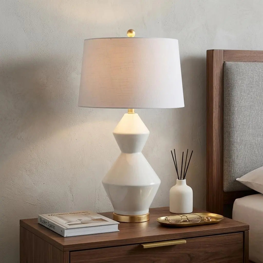 29" White And Gold Novelty Bedside Lamp With Drum Shade Homeroots Lighting