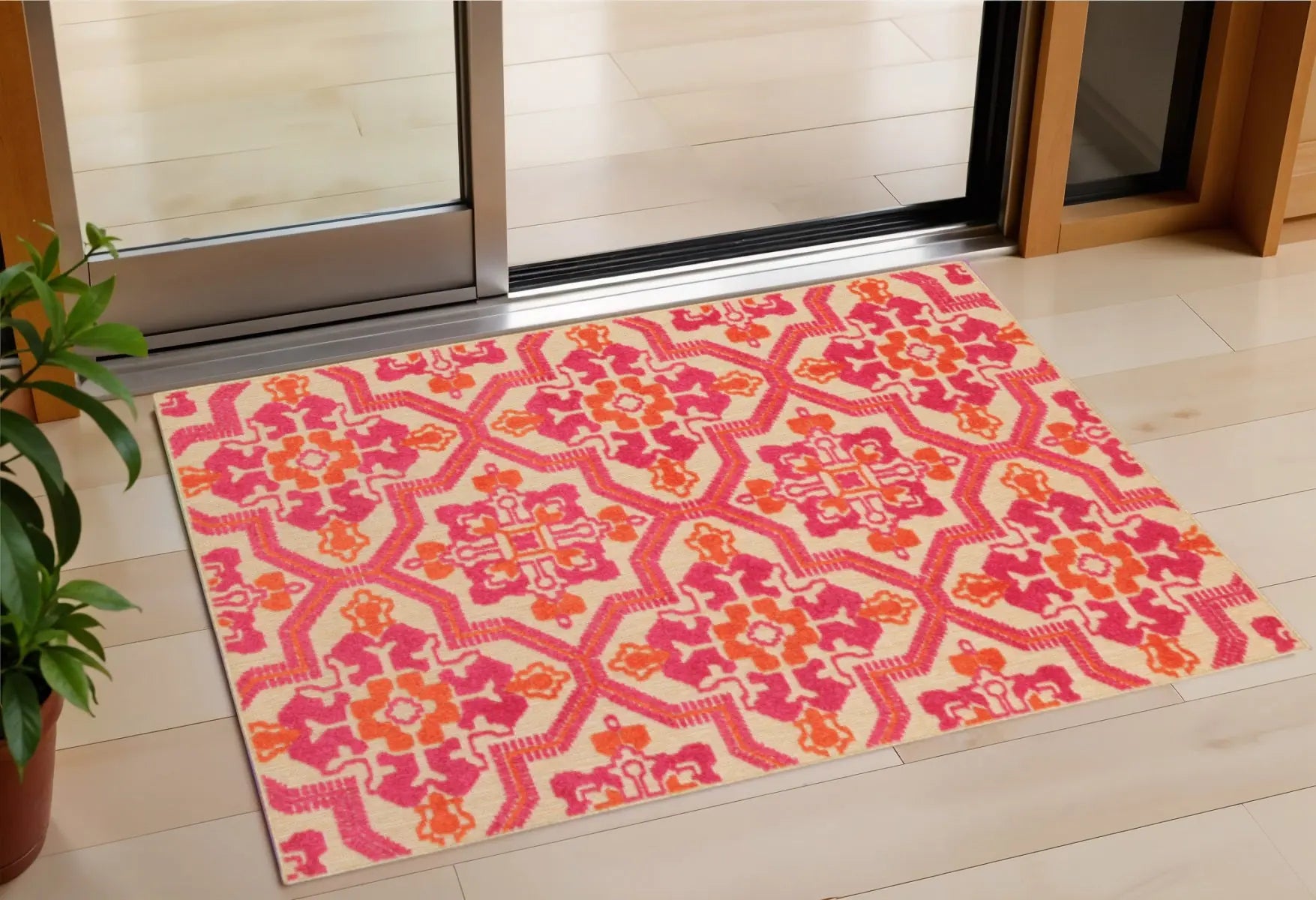 2' X 3' Beige Orange And Pink Geometric Indoor Outdoor Area Rug Homeroots Outdoor