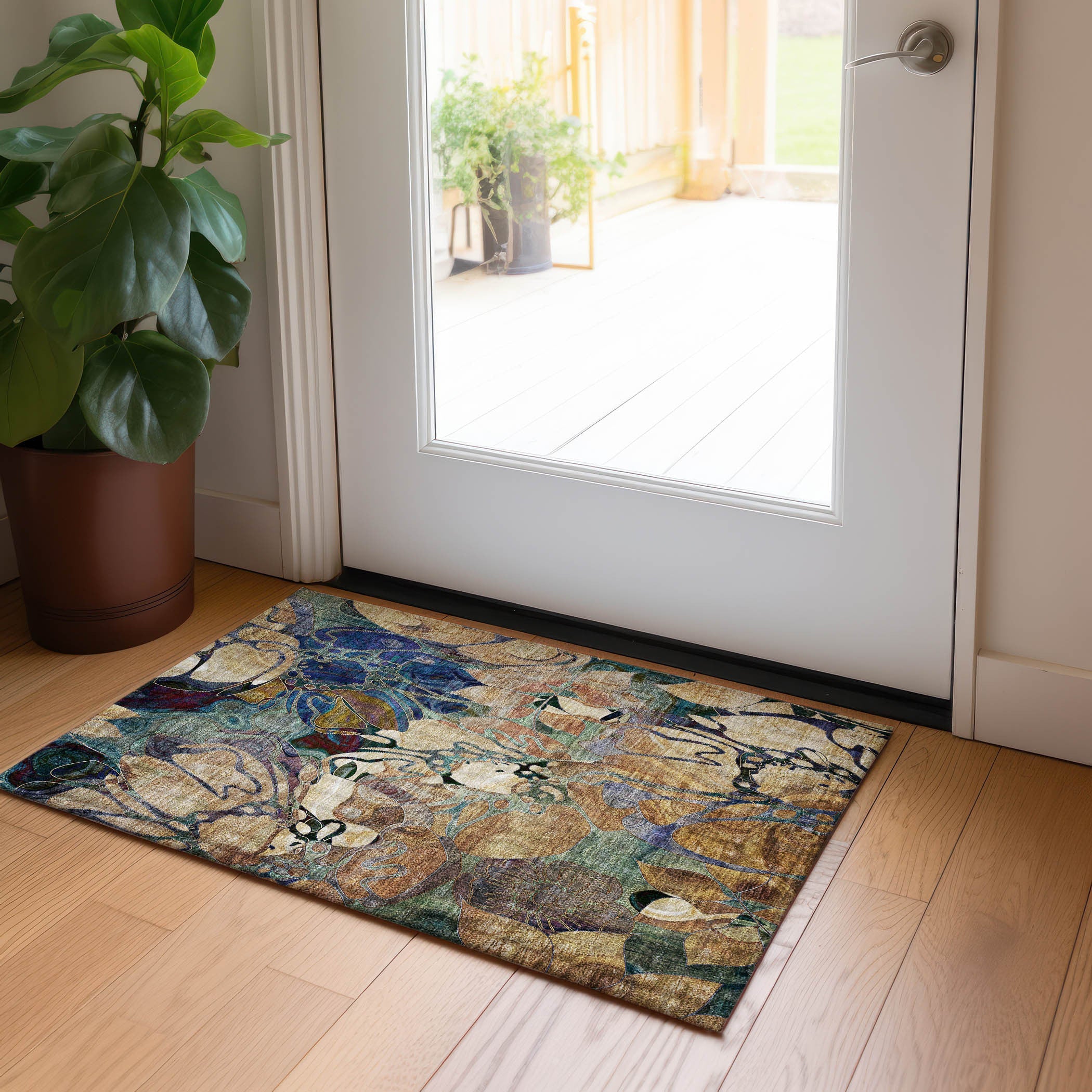 2' X 3' Beige and Blue Abstract Washable Indoor Outdoor Area Rug - GreatEagleInc
