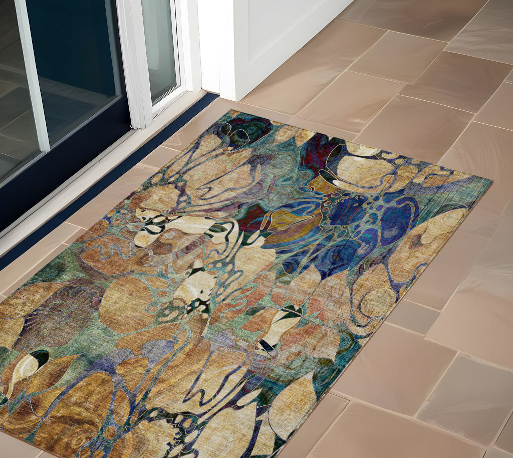 2' X 3' Beige and Blue Abstract Washable Indoor Outdoor Area Rug - GreatEagleInc