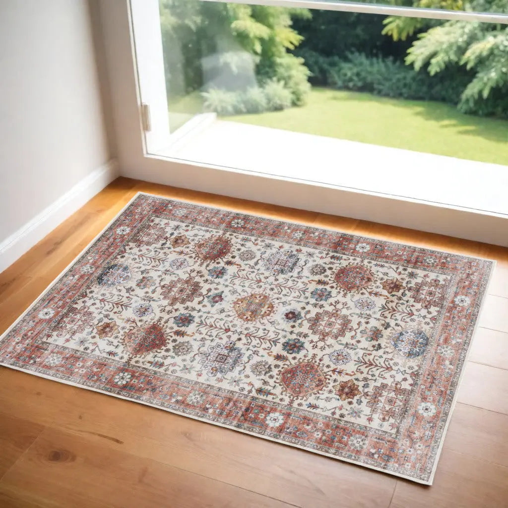 2' X 3' Beige and Orange Oriental Distressed Non Skid Area Rug GreatEagleInc