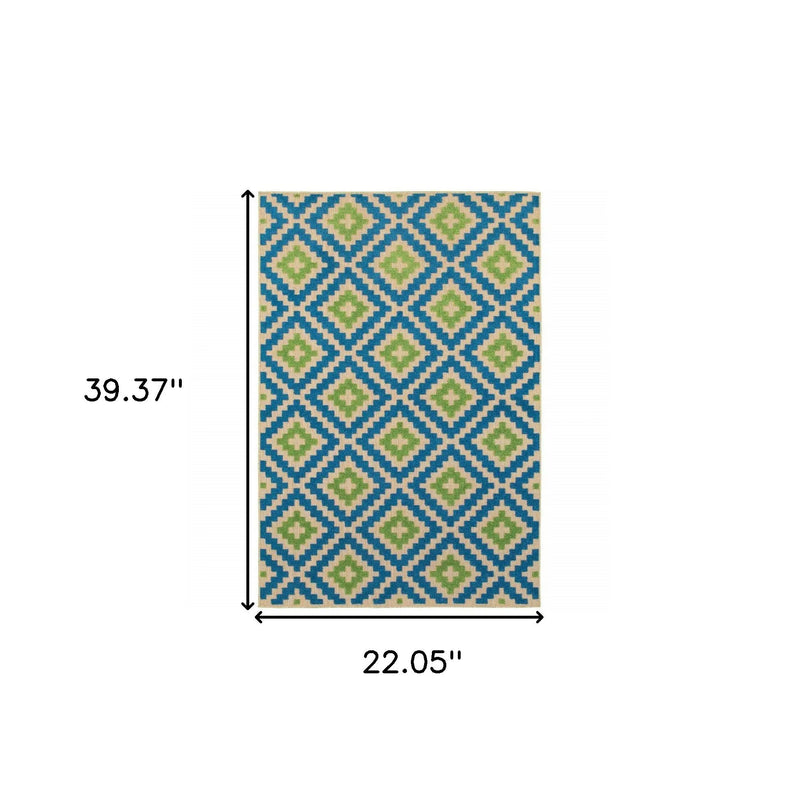2' X 3' Blue and Beige Geometric Stain Resistant Indoor Outdoor Area Rug Homeroots Outdoor