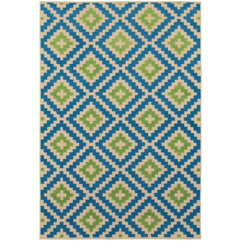 2' X 3' Blue and Beige Geometric Stain Resistant Indoor Outdoor Area Rug Homeroots Outdoor