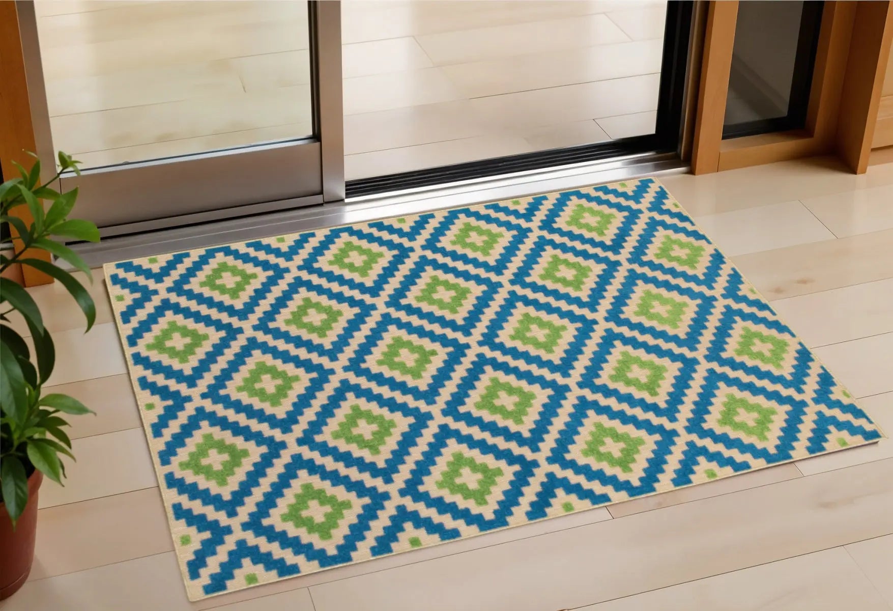 2' X 3' Blue and Beige Geometric Stain Resistant Indoor Outdoor Area Rug Homeroots Outdoor