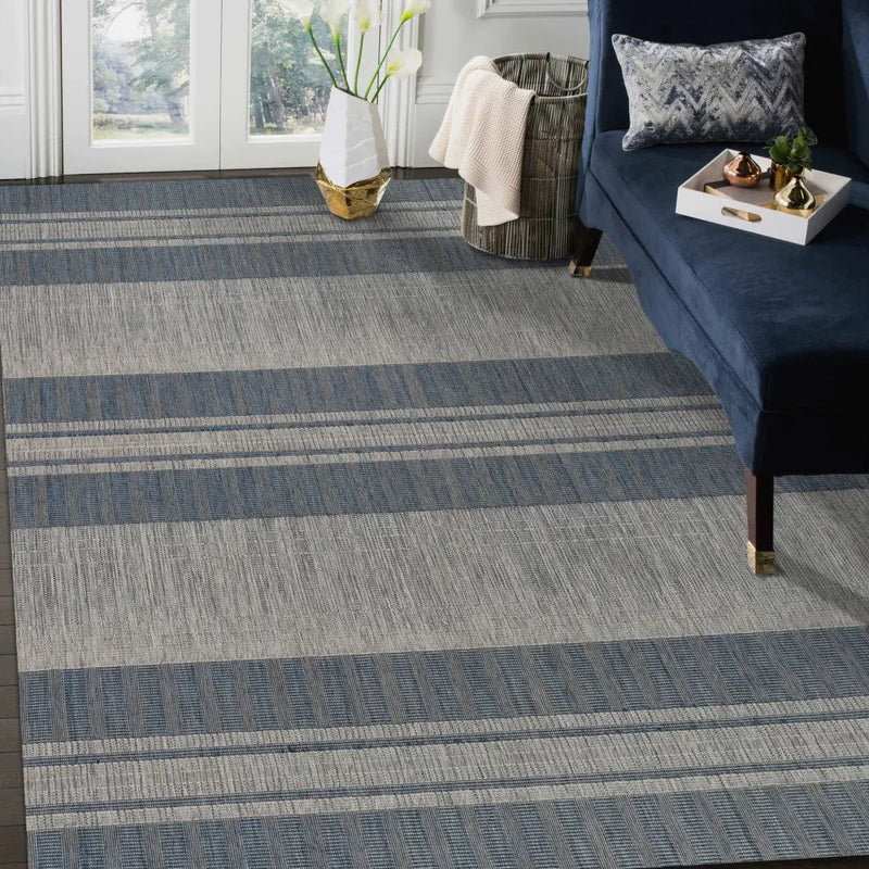 2' X 3' Blue and Gray Striped Stain Resistant Indoor Outdoor Area Rug Homeroots Outdoor