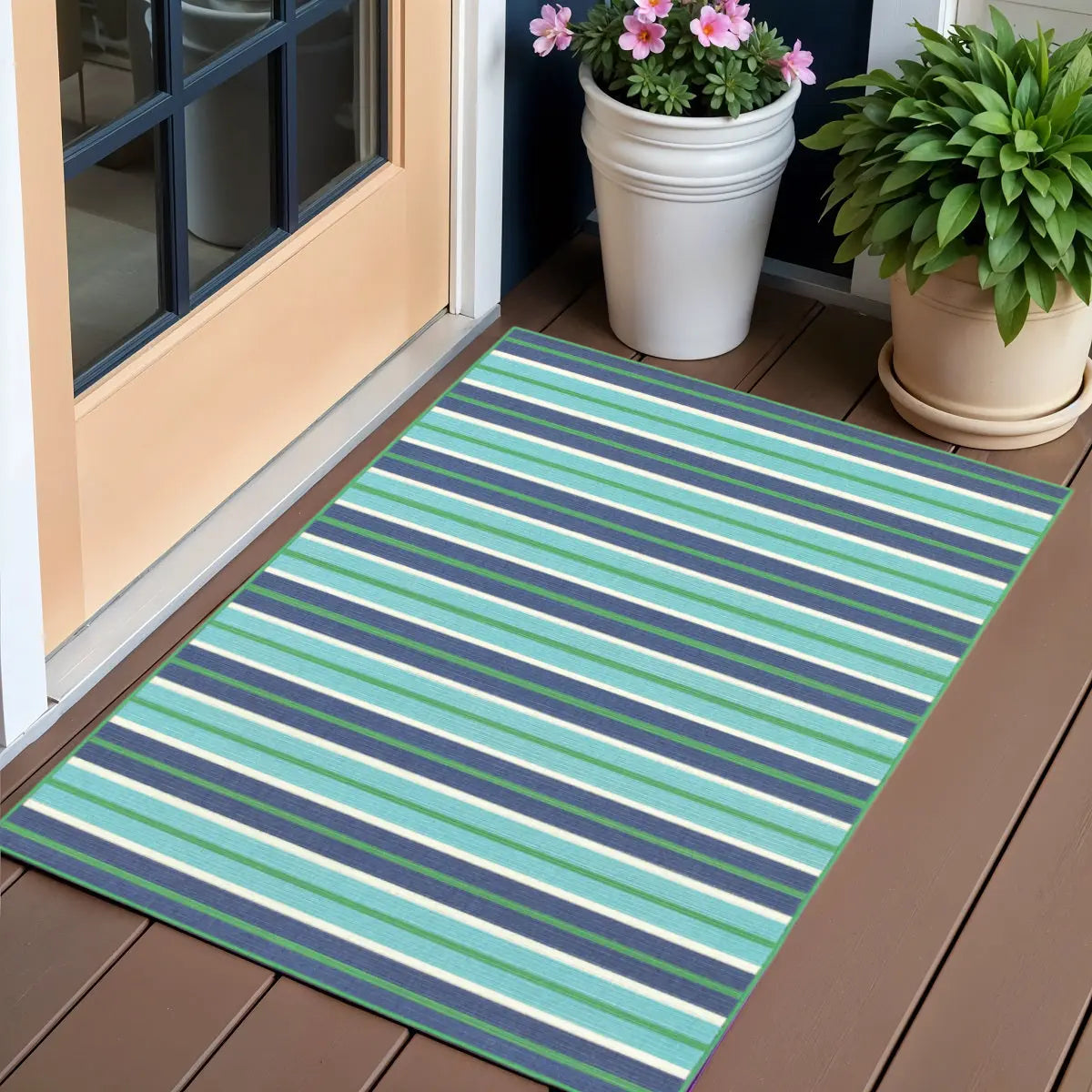 2' X 3' Blue and Green Geometric Stain Resistant Indoor Outdoor Area Rug Homeroots Outdoor