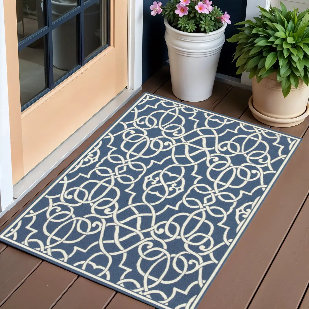 2' X 3' Blue and Ivory Geometric Stain Resistant Indoor Outdoor Area Rug Homeroots Outdoor