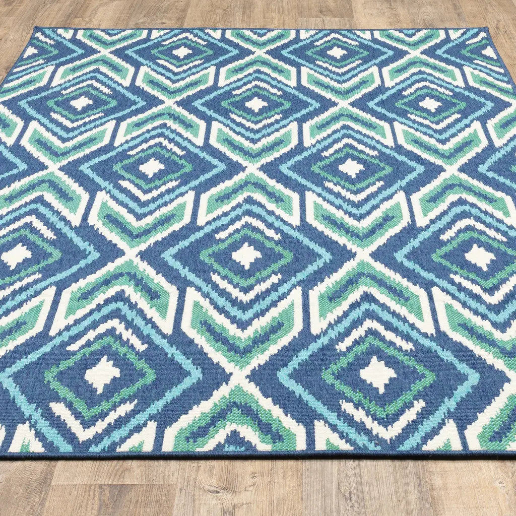 2' X 3' Blue and Ivory Geometric Stain Resistant Indoor Outdoor Area Rug Homeroots Outdoor