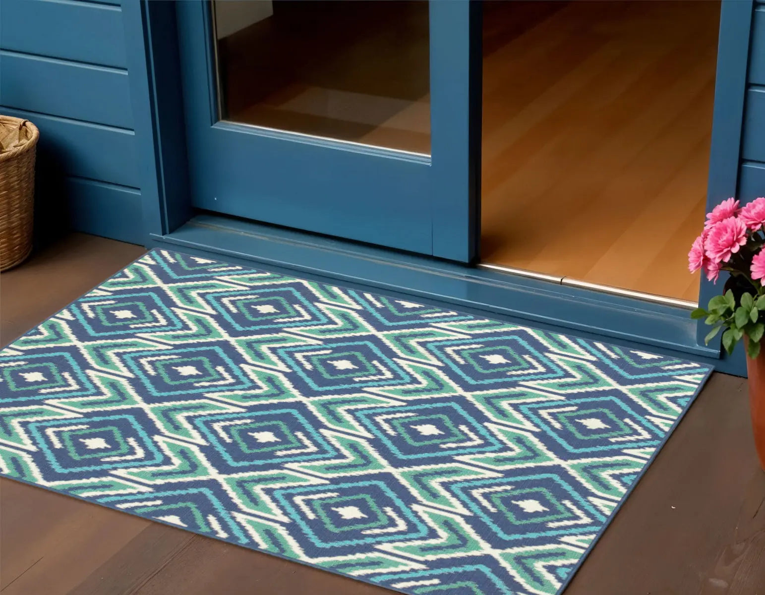 2' X 3' Blue and Ivory Geometric Stain Resistant Indoor Outdoor Area Rug Homeroots Outdoor