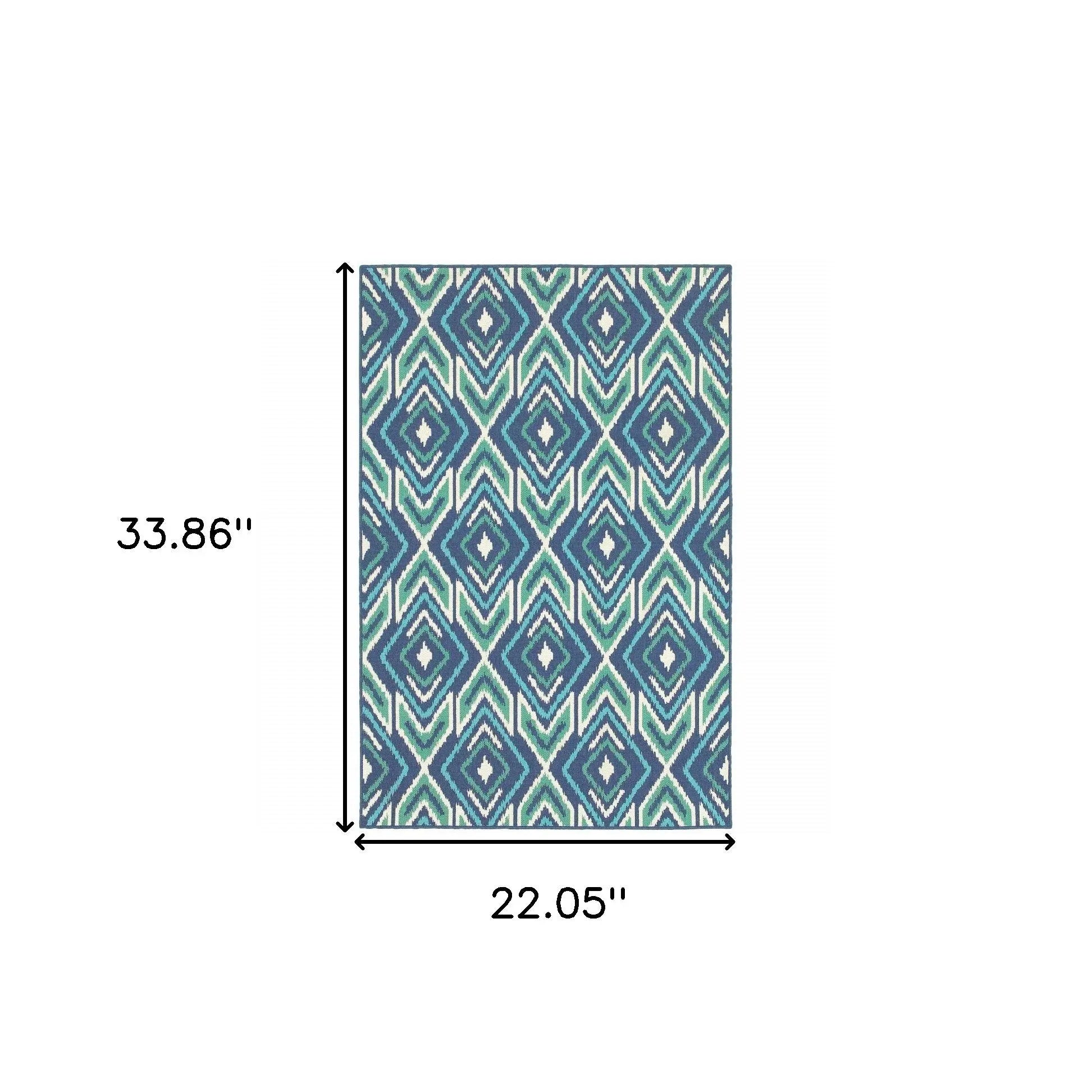 2' X 3' Blue and Ivory Geometric Stain Resistant Indoor Outdoor Area Rug Homeroots Outdoor
