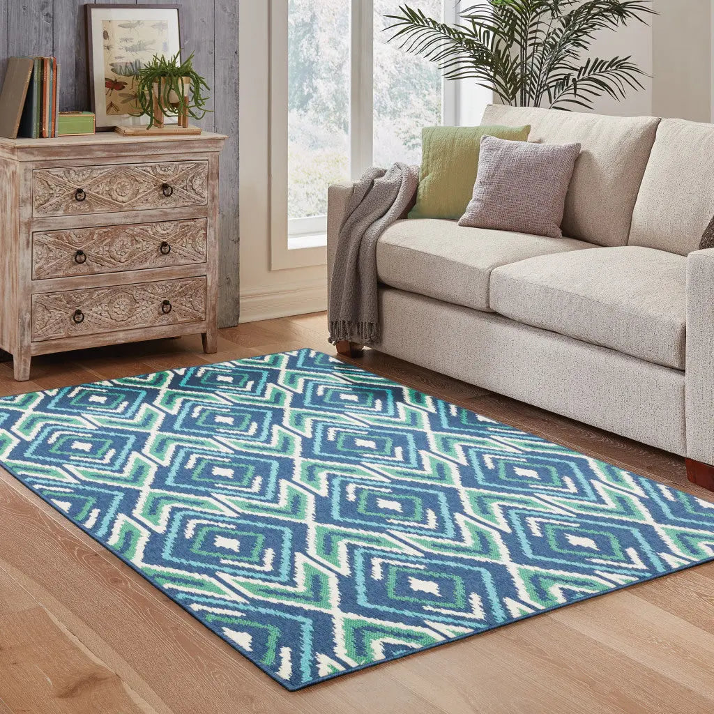 2' X 3' Blue and Ivory Geometric Stain Resistant Indoor Outdoor Area Rug Homeroots Outdoor
