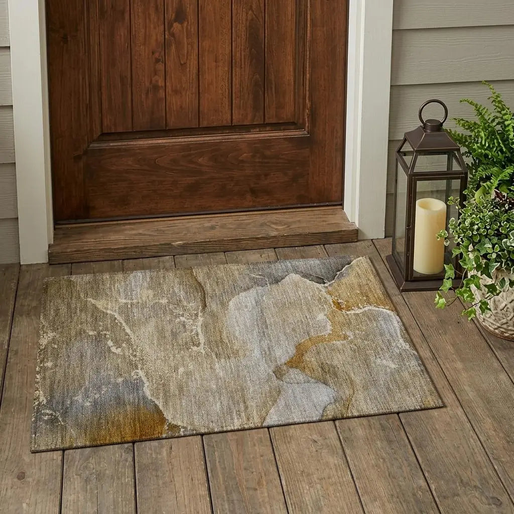 2' X 3' Brown Beige and Gold Abstract Washable Indoor Outdoor Area Rug Homeroots Outdoor