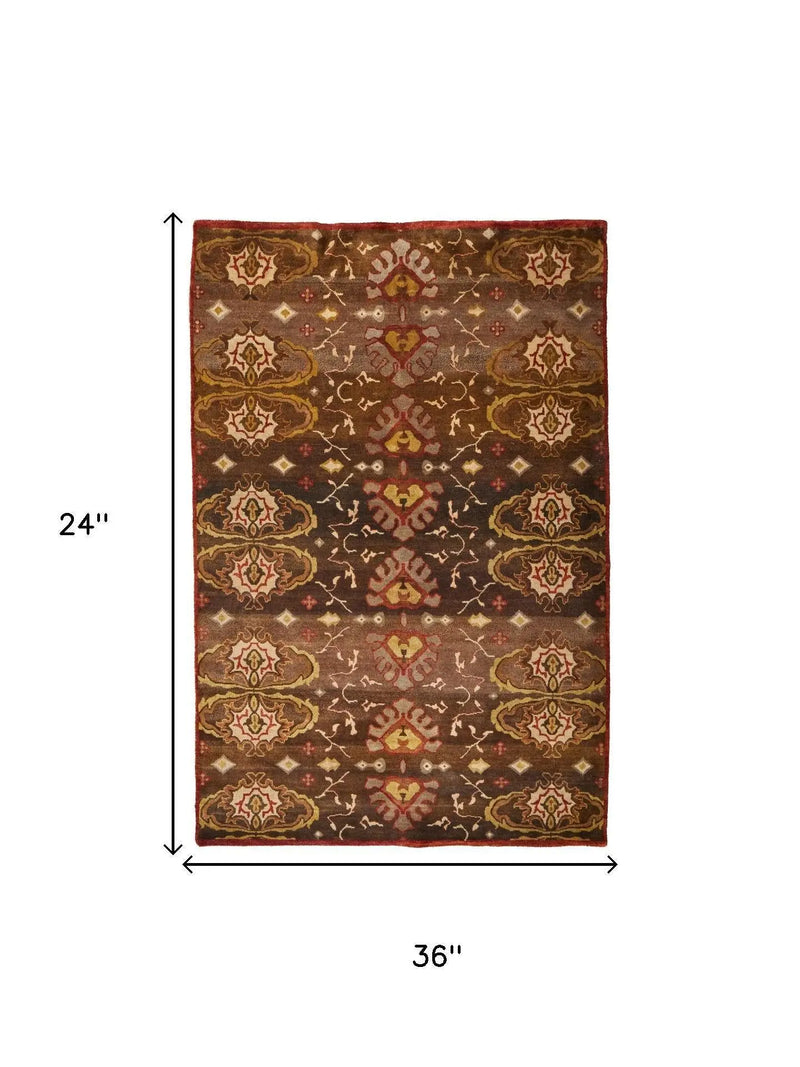 2' X 3' Brown Red And Tan Wool Ikat Hand Knotted Area Rug Homeroots Home Decor