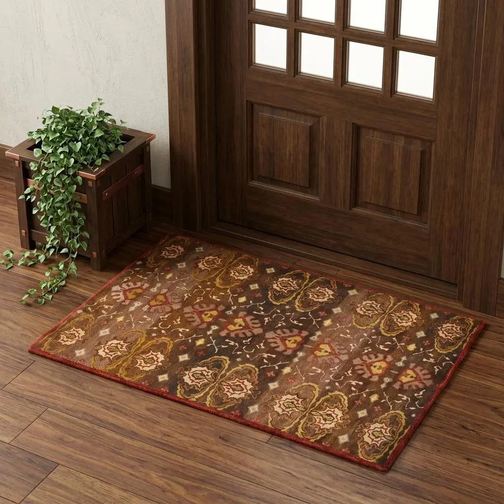 2' X 3' Brown Red And Tan Wool Ikat Hand Knotted Area Rug Homeroots Home Decor
